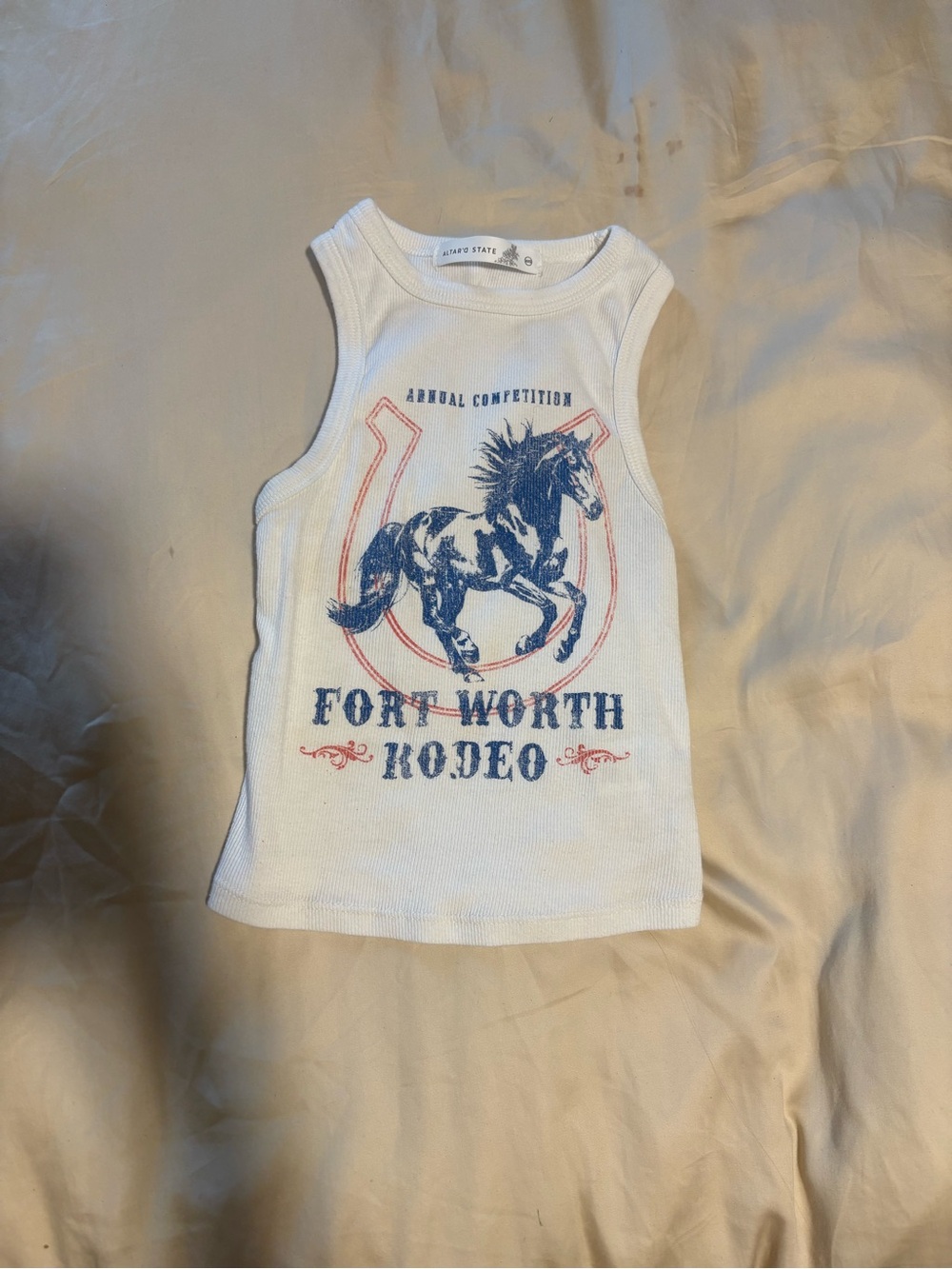 Altar'd State White Kids Tank with Blue and Red Rodeo Horse Graphic